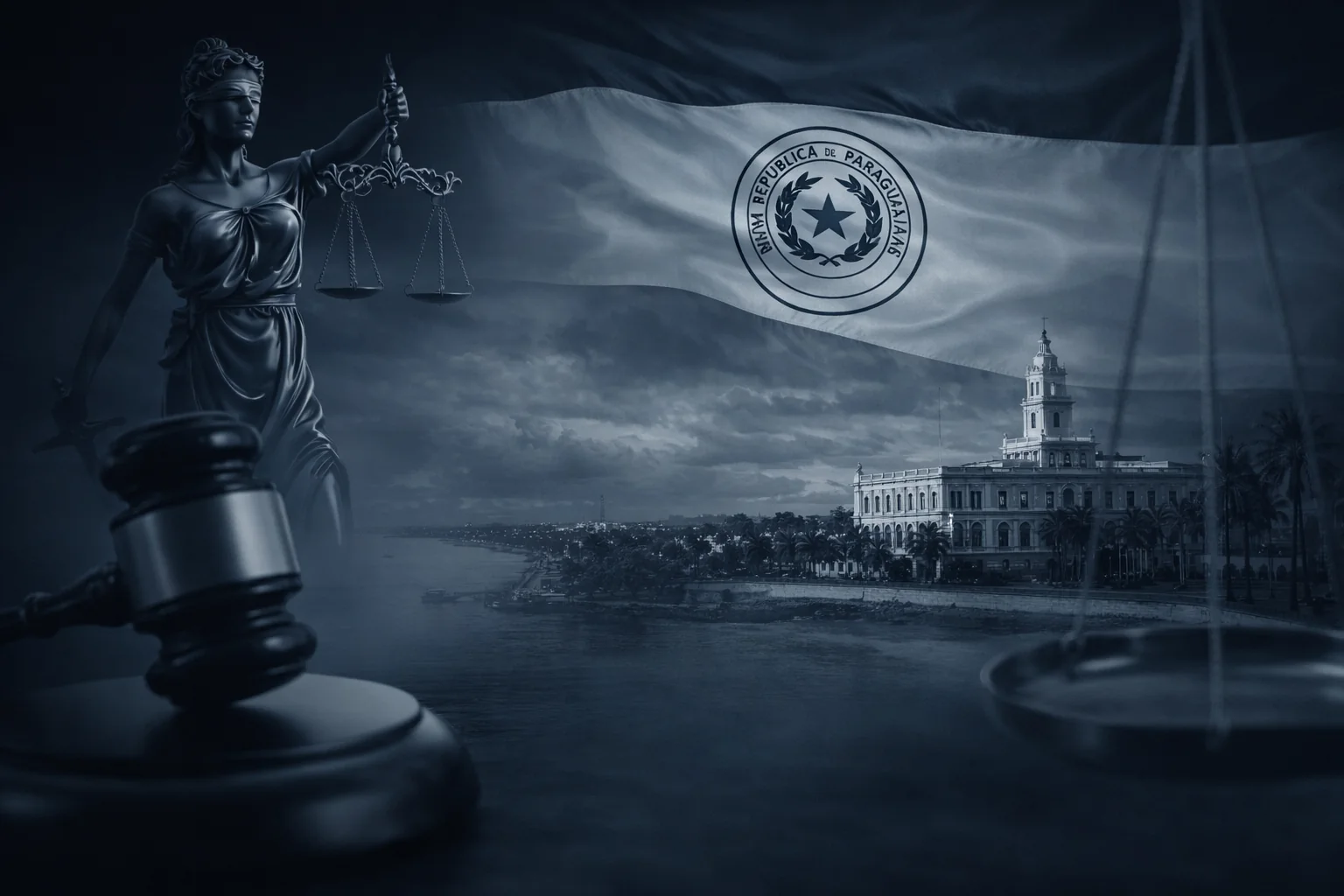Símbolos de justica e a bandeira do Paraguai representando segurança jurídica